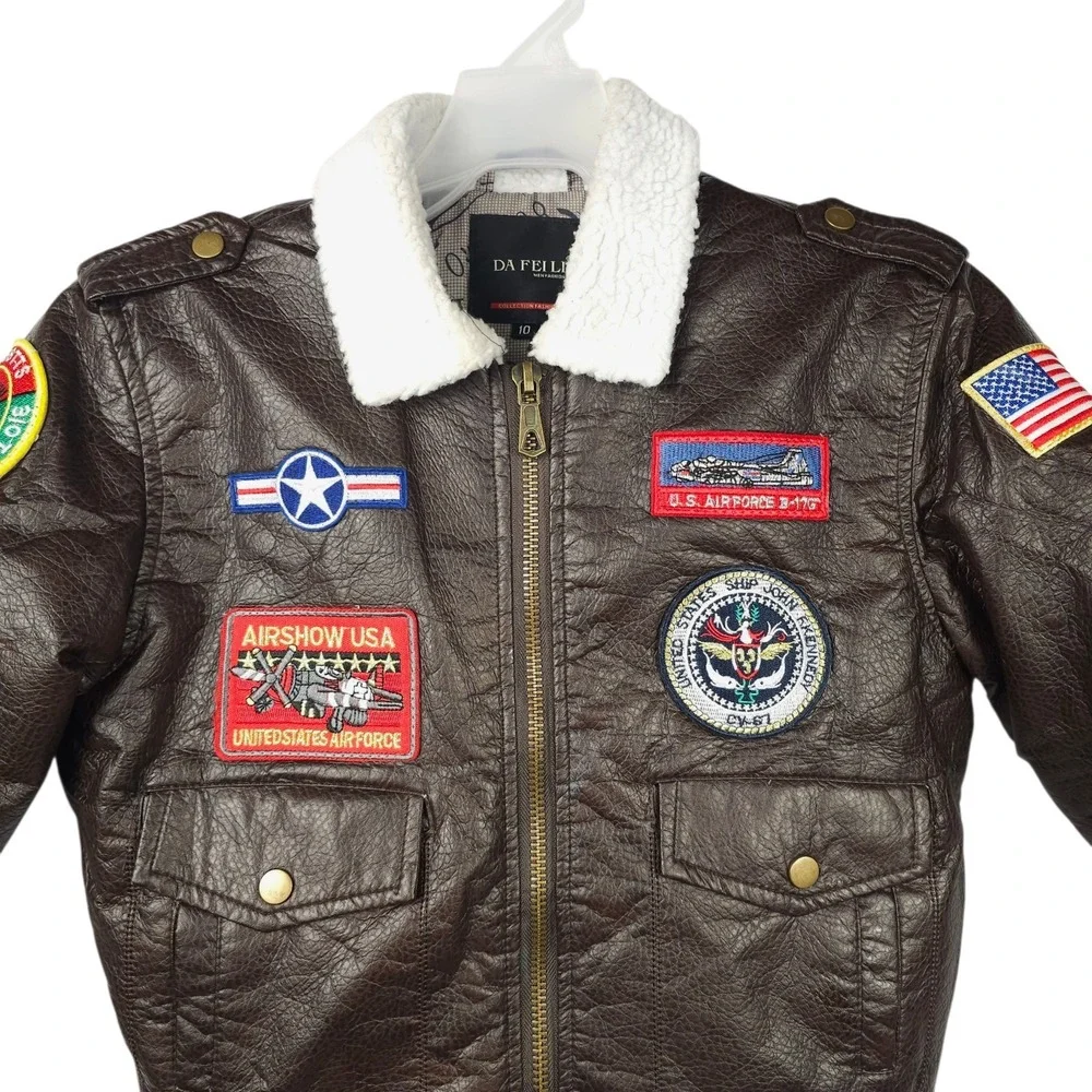 Da Fei Li Boys Bomber Jacket Size 10 Flight Aviator Faux Leather Patches Coat